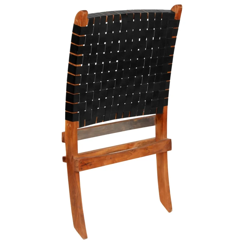Chaise pliable bandes croisées en cuir véritable noir cadre en bois DEC026285