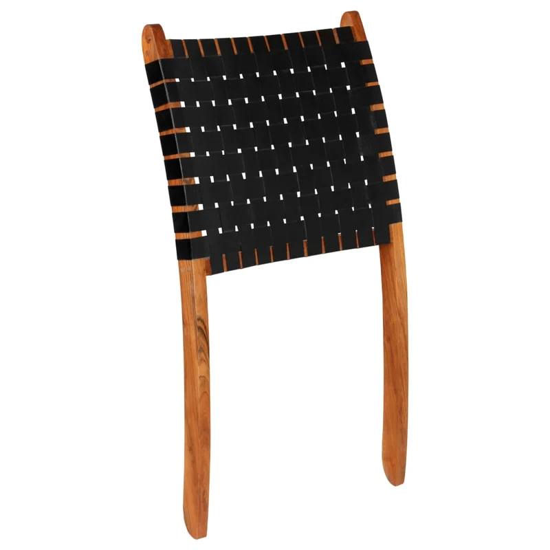 Chaise pliable bandes croisées en cuir véritable noir cadre en bois DEC026285