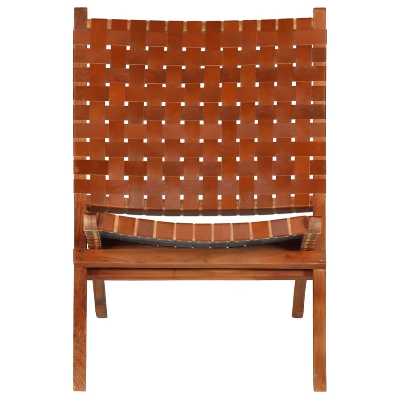 Chaise pliable bandes croisées design rustique en cuir véritable marron DEC026284