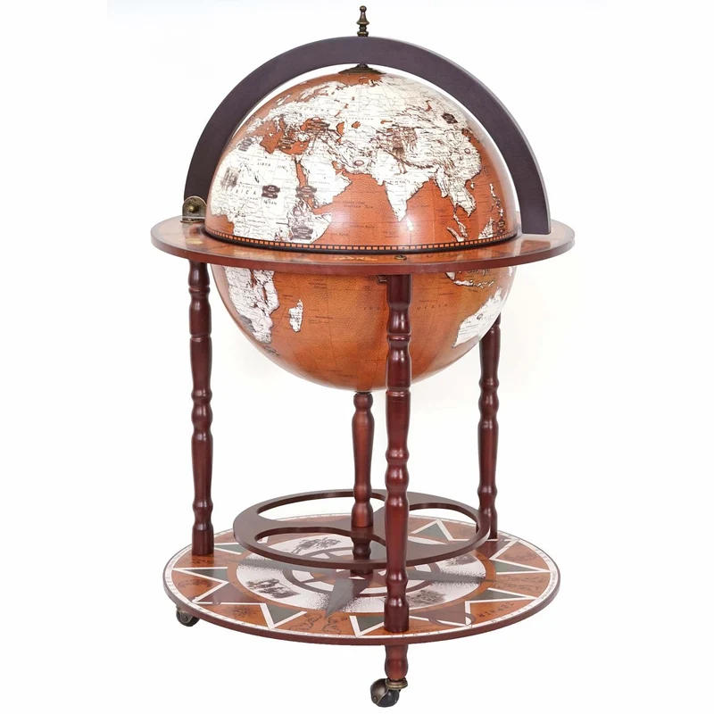 Globe bar mobile 97 cm avec rangement bouteilles globe décoratif bois eucalyptus et plastique finition antique 04_0011140
