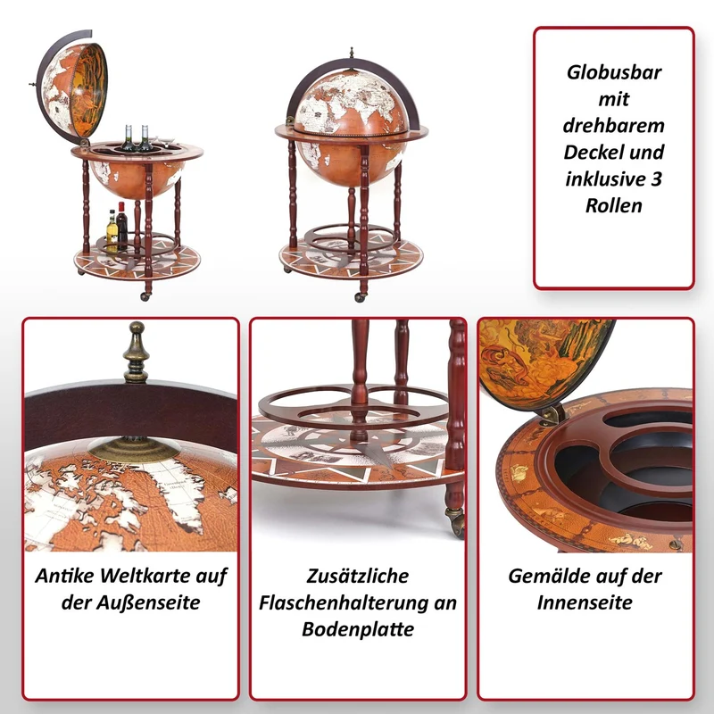 Globe bar mobile 97 cm avec rangement bouteilles globe décoratif bois eucalyptus et plastique finition antique 04_0011140