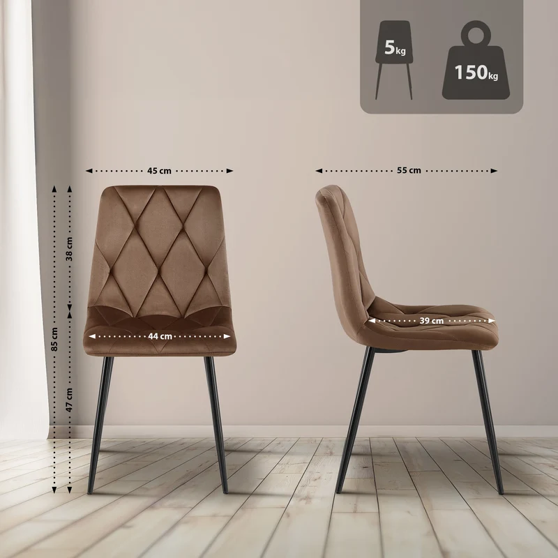 Lot de 2 chaises de salle à manger design moderne surpiqûres en losange velours marron et cadre métal noir 10_0007353