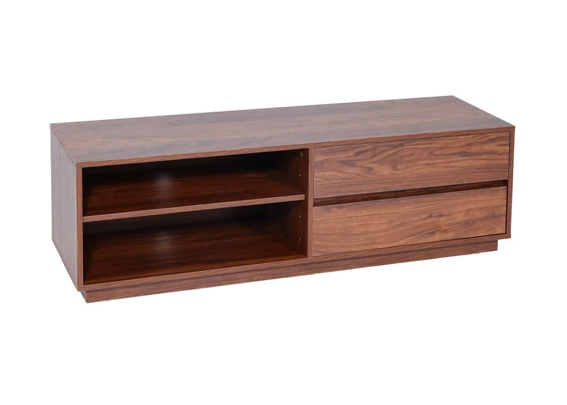 Meuble TV 2 tiroirs et 2 compartiments de rangement 42x140x40 cm aspect noyer 04_0007851
