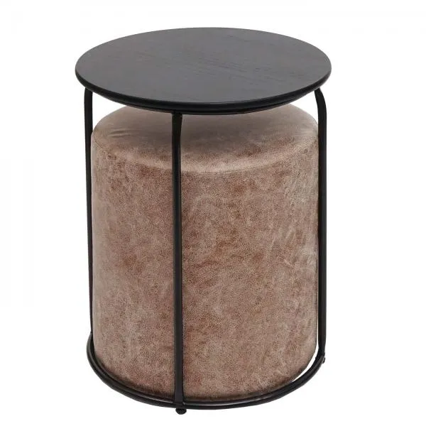 Set table-tabouret table d'appoint repose-pieds MDF PVC marron et métal noir 04_0007477