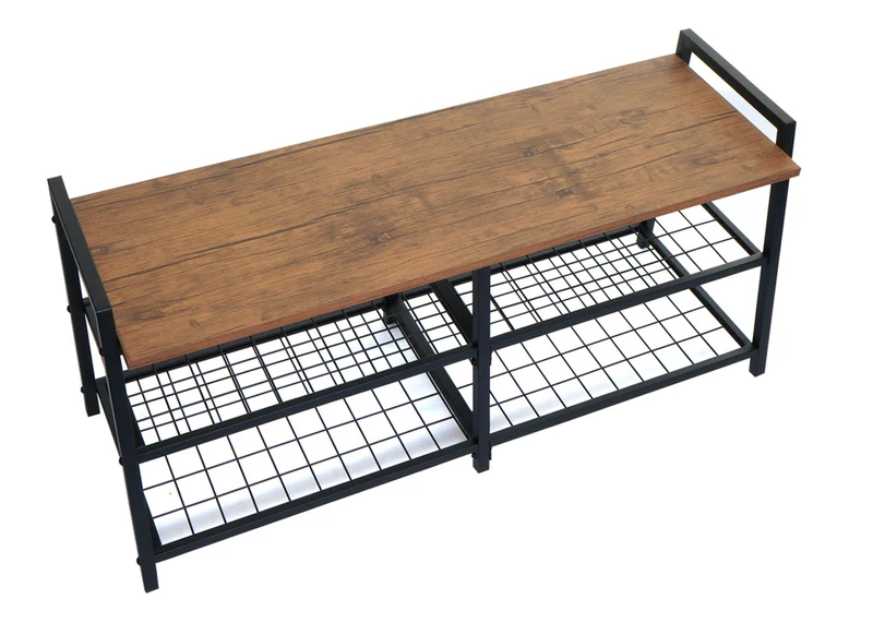 Banc à chaussures avec 4 compartiments 40x107x38 cm métal et MDF aspect chêne 04_0007878