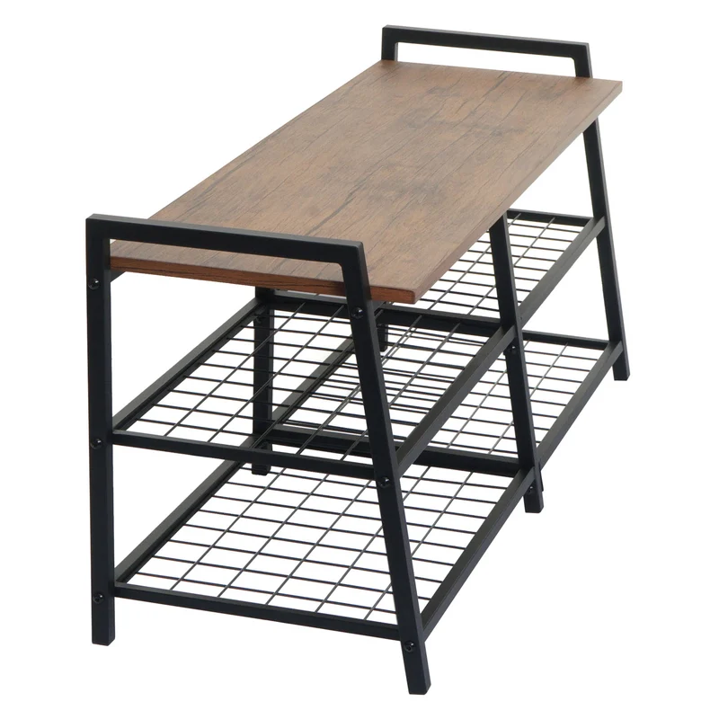 Banc à chaussures avec 4 compartiments 40x107x38 cm métal et MDF aspect chêne 04_0007878