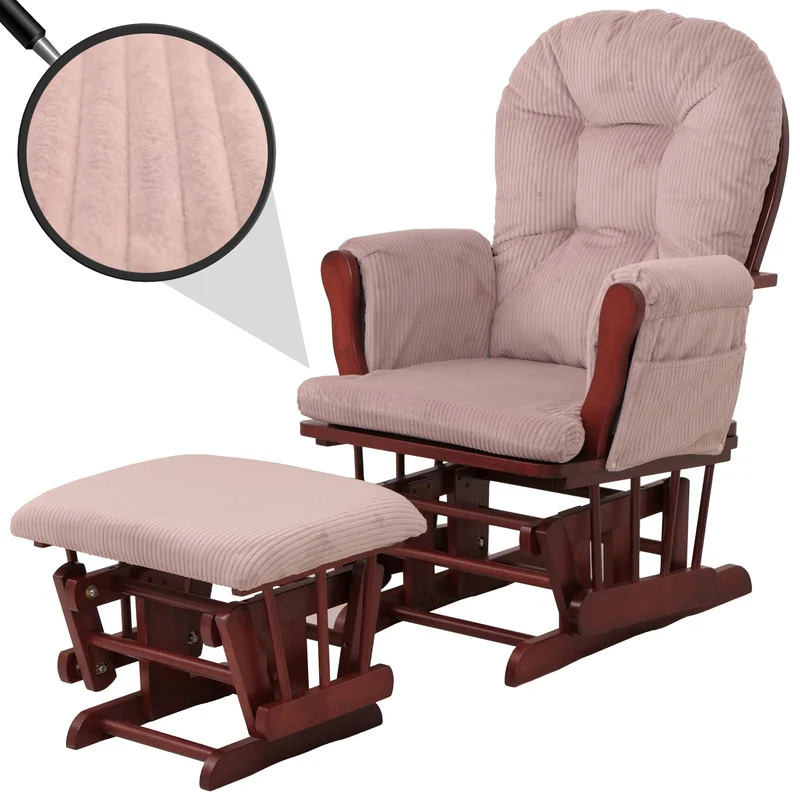 Fauteuil relax à bascule avec repose-pieds tissu velours côtelé rose structure bois d’hévéa 04_0009675