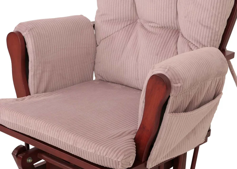 Fauteuil relax à bascule avec repose-pieds tissu velours côtelé rose structure bois d’hévéa 04_0009675