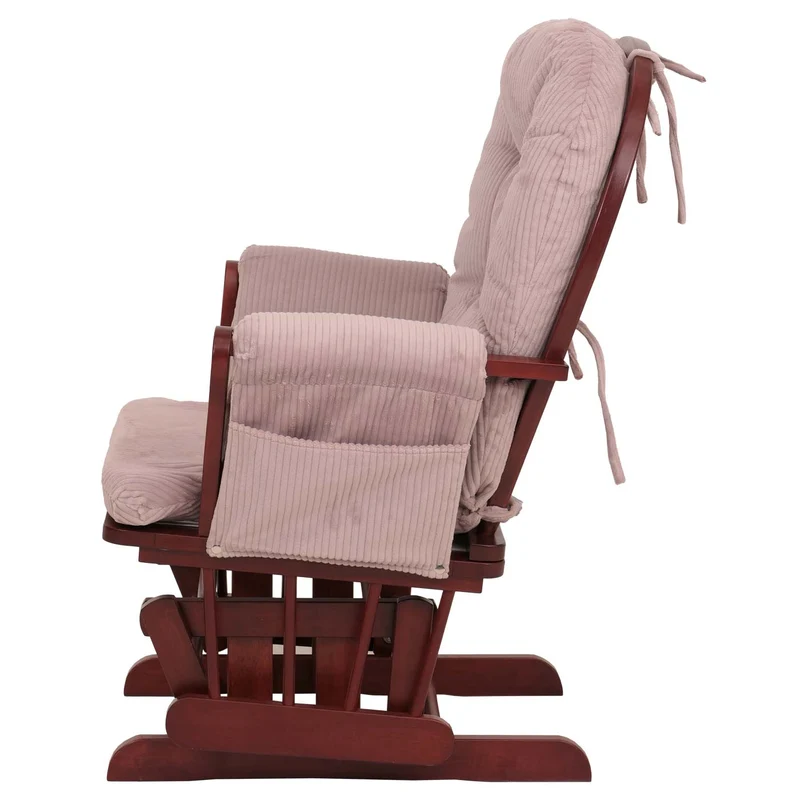 Fauteuil relax à bascule avec repose-pieds tissu velours côtelé rose structure bois d’hévéa 04_0009675