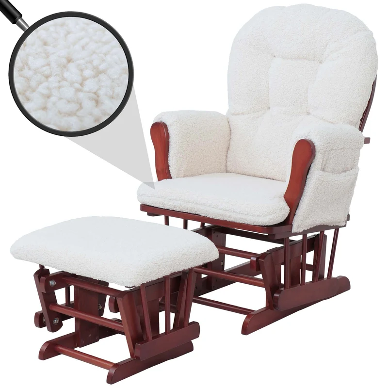Fauteuil relax à bascule avec repose-pieds tissu bouclé crème structure bois d’hévéa 04_0009685