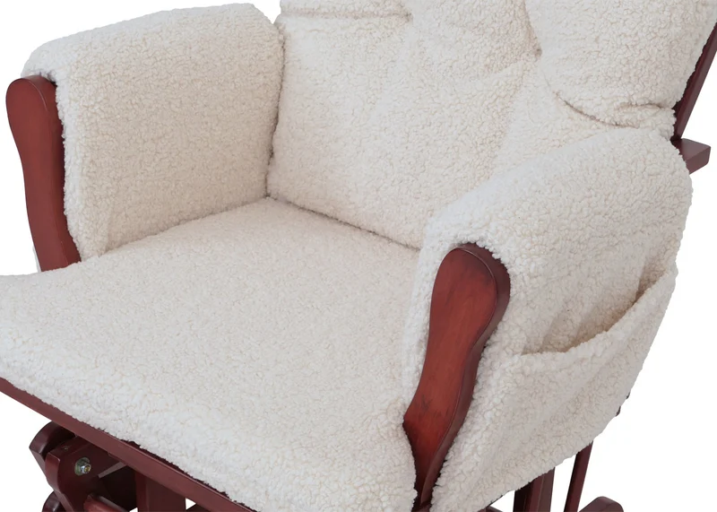 Fauteuil relax à bascule avec repose-pieds tissu bouclé crème structure bois d’hévéa 04_0009685
