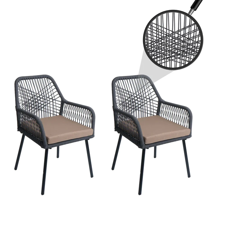 Lot de 2 chaises de jardin motif graphique aéré en aluminium anthracite corde tressée et coussins taupe inclus 04_0009696