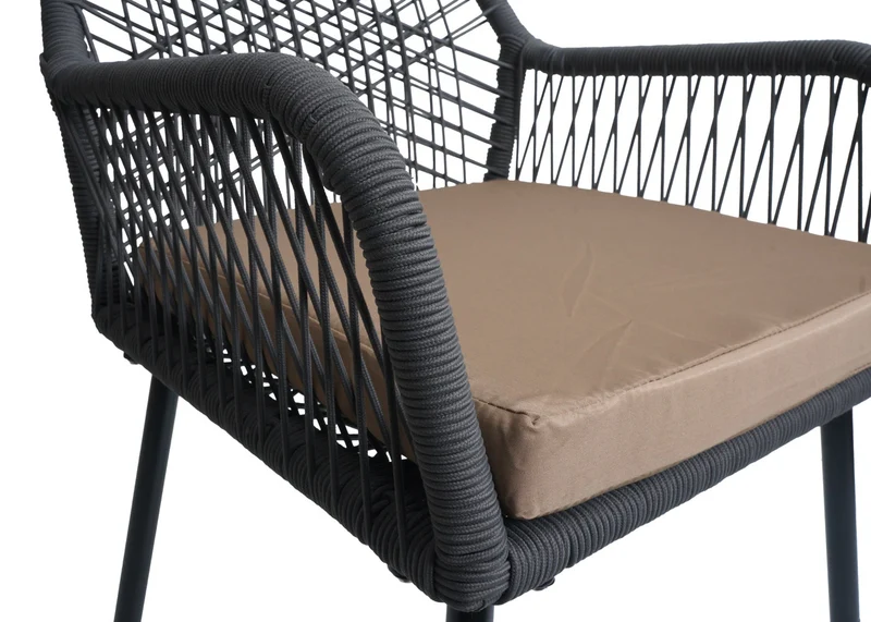Lot de 2 chaises de jardin motif graphique aéré en aluminium anthracite corde tressée et coussins taupe inclus 04_0009696