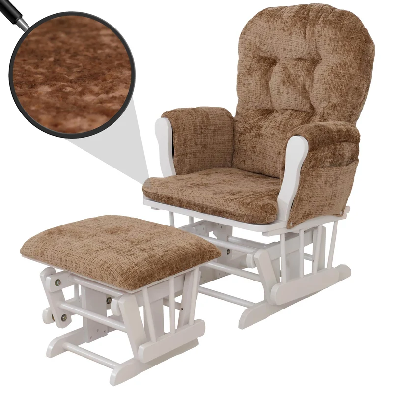 Fauteuil relax à bascule rembourrage épais avec repose-pieds en tissu chenille marron clair structure bois massif blanche 04_0009697