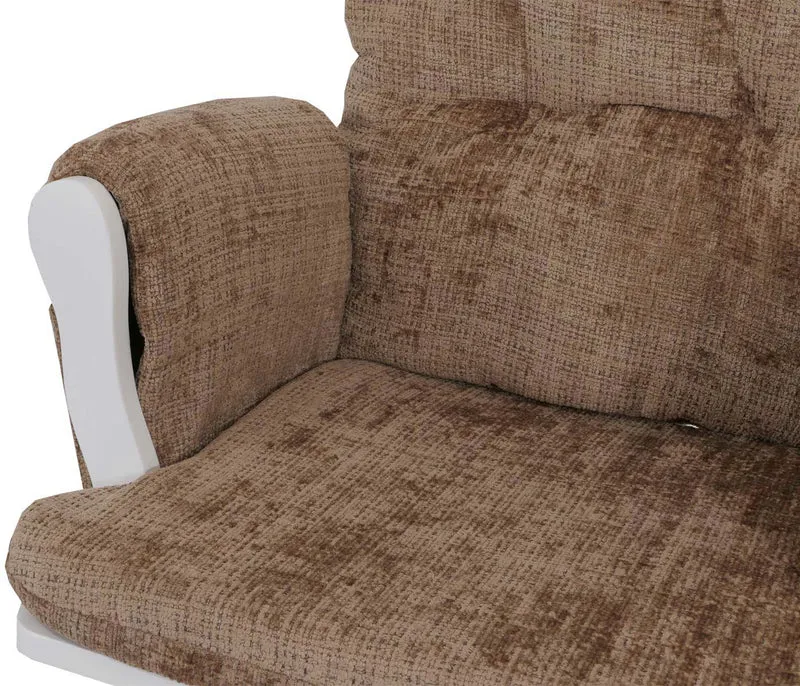 Fauteuil relax à bascule rembourrage épais avec repose-pieds en tissu chenille marron clair structure bois massif blanche 04_0009697