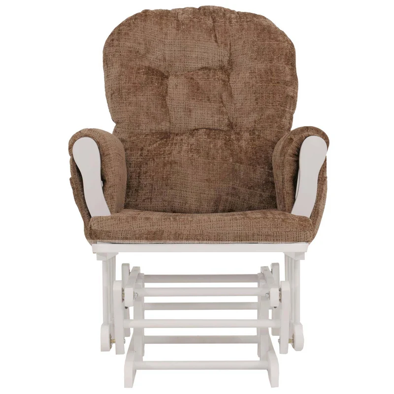 Fauteuil relax à bascule rembourrage épais avec repose-pieds en tissu chenille marron clair structure bois massif blanche 04_0009697