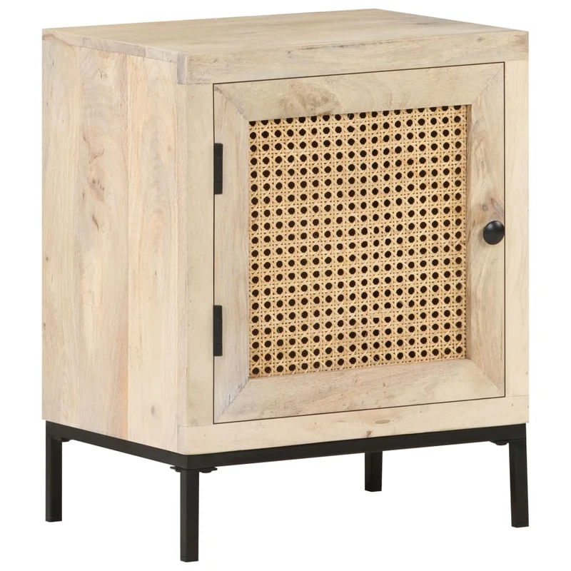 Table de chevet avec compartiment avec porte 40 x 30 x 50 cm bois de manguier et canne DEC032930