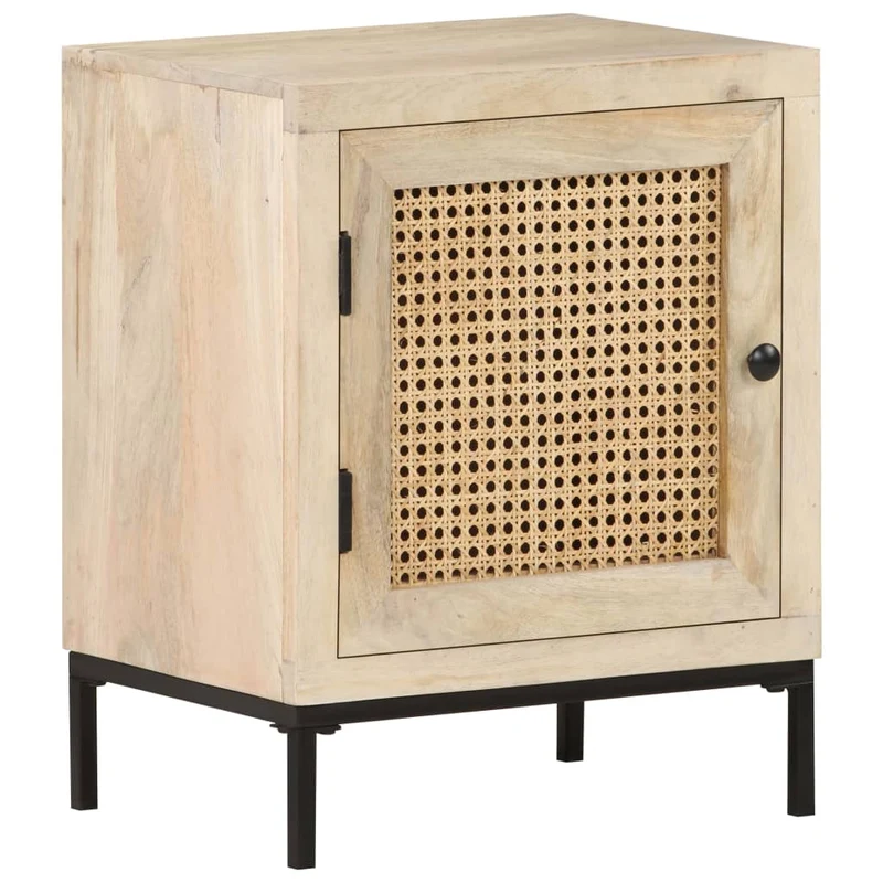 Table de chevet avec compartiment avec porte 40 x 30 x 50 cm bois de manguier et canne DEC032930