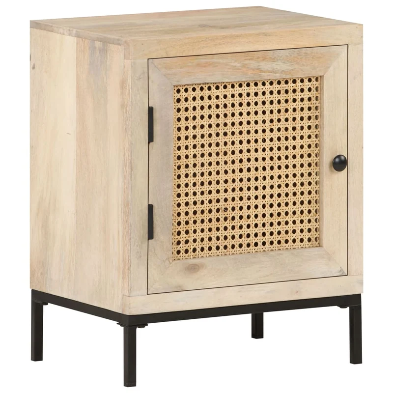 Table de chevet avec compartiment avec porte 40 x 30 x 50 cm bois de manguier et canne DEC032930