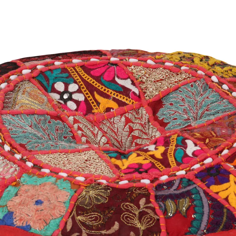 Pouf tabouret repose-pied rond en coton rouge fait à la main design au patchwork 40 x 20 cm DEC030019