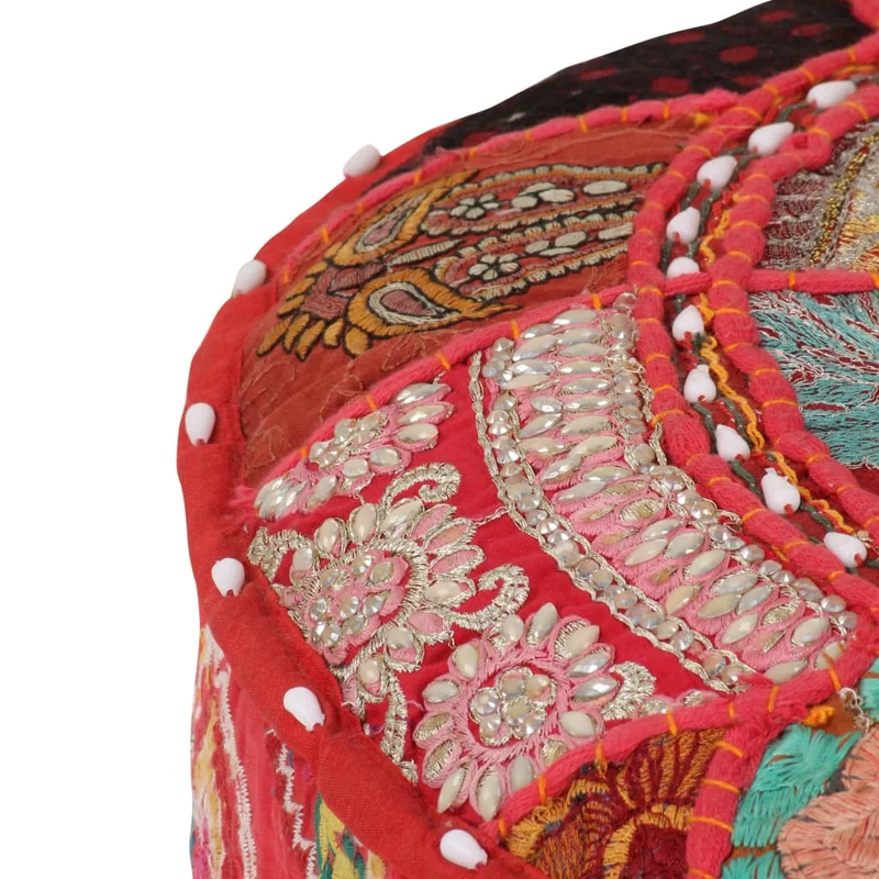 Pouf tabouret repose-pied rond en coton rouge fait à la main design au patchwork 40 x 20 cm DEC030019