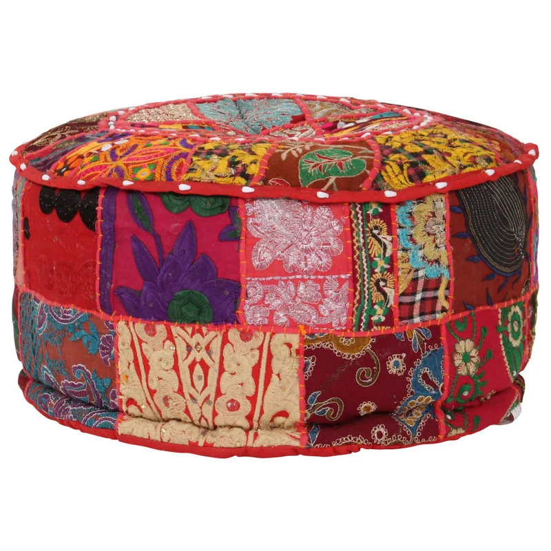 Pouf tabouret repose-pied rond en coton rouge fait à la main design au patchwork 40 x 20 cm DEC030019