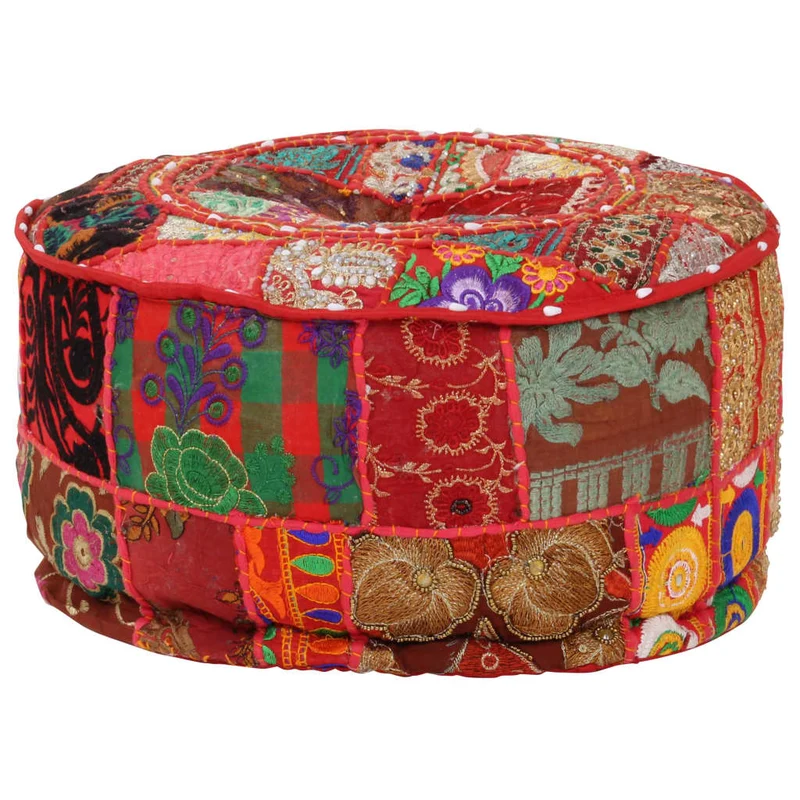 Pouf tabouret repose-pied rond en coton rouge fait à la main design au patchwork 40 x 20 cm DEC030019
