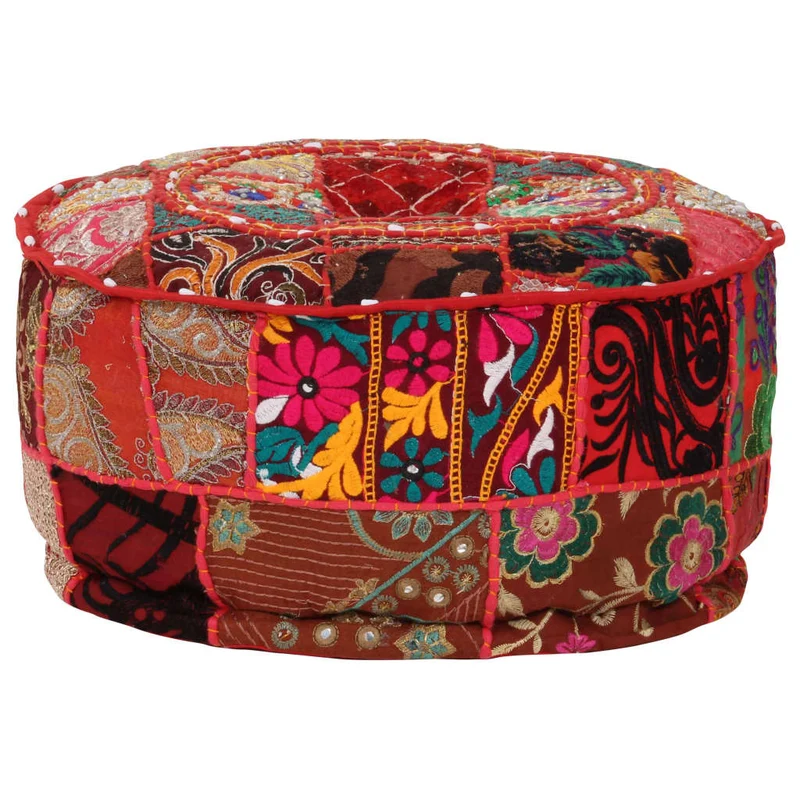 Pouf tabouret repose-pied rond en coton rouge fait à la main design au patchwork 40 x 20 cm DEC030019
