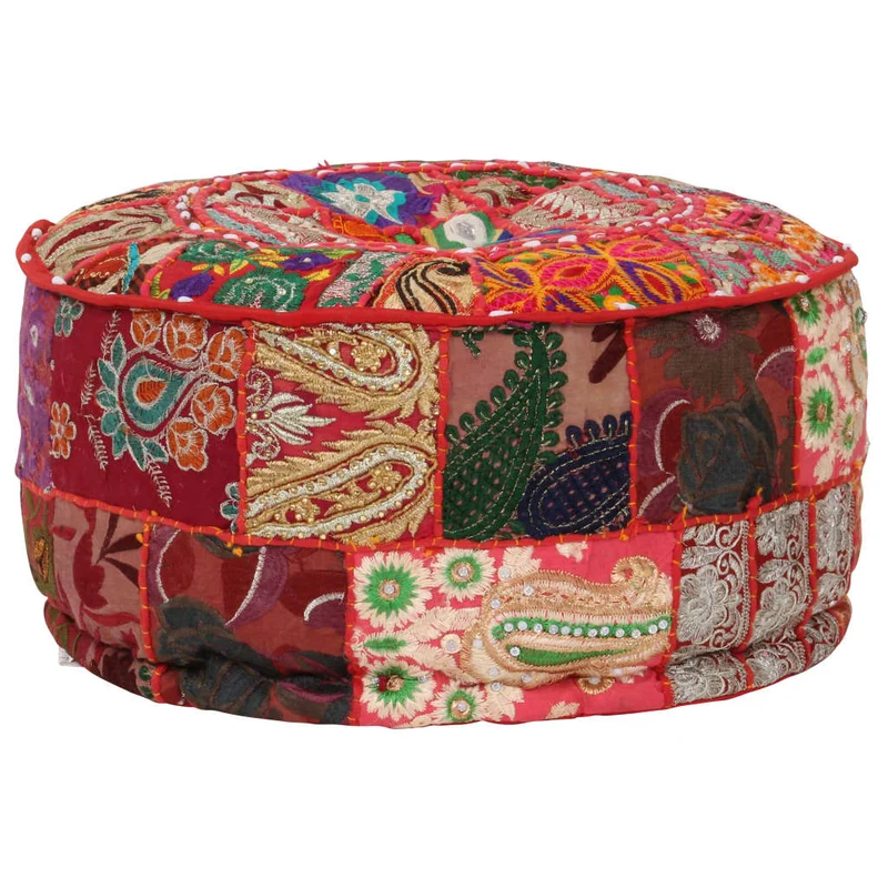 Pouf tabouret repose-pied rond en coton rouge fait à la main design au patchwork 40 x 20 cm DEC030019