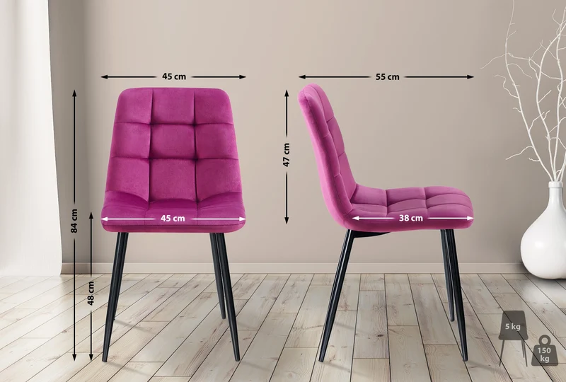Lot de 4 chaises de salle à manger coutures forme carrées en tissu velours violet pieds en métal noir 10_0001797