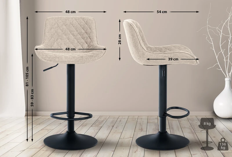 Tabouret de bar x1 assise avec coutures décoratives losange en tissu taupe et pieds en métal noir 10_0005230