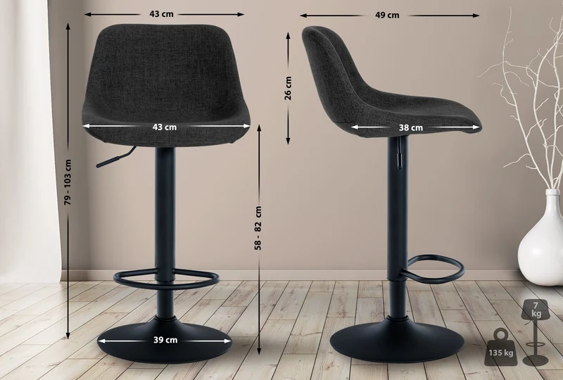 Lot de 2 tabourets de bar rotation à 360°en tissu noir pieds en trompette métal noir 10_0006335