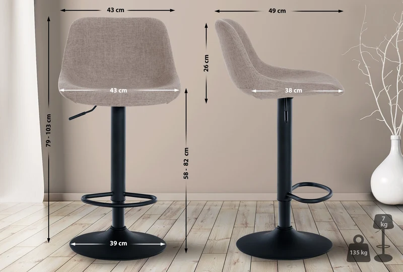 Lot de 2 tabourets de bar rotation à 360°en tissu taupe pieds en trompette métal noir 10_0006449