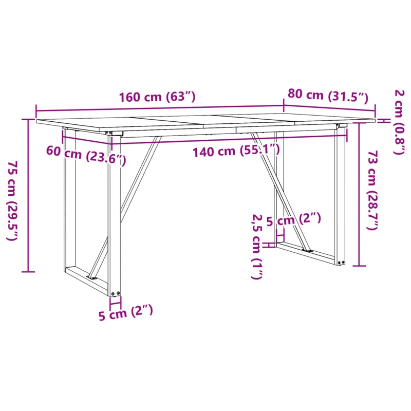 Table de salle à manger design industriel 160 x 80 x 75 cm bois de pin massif et acier DEC036784