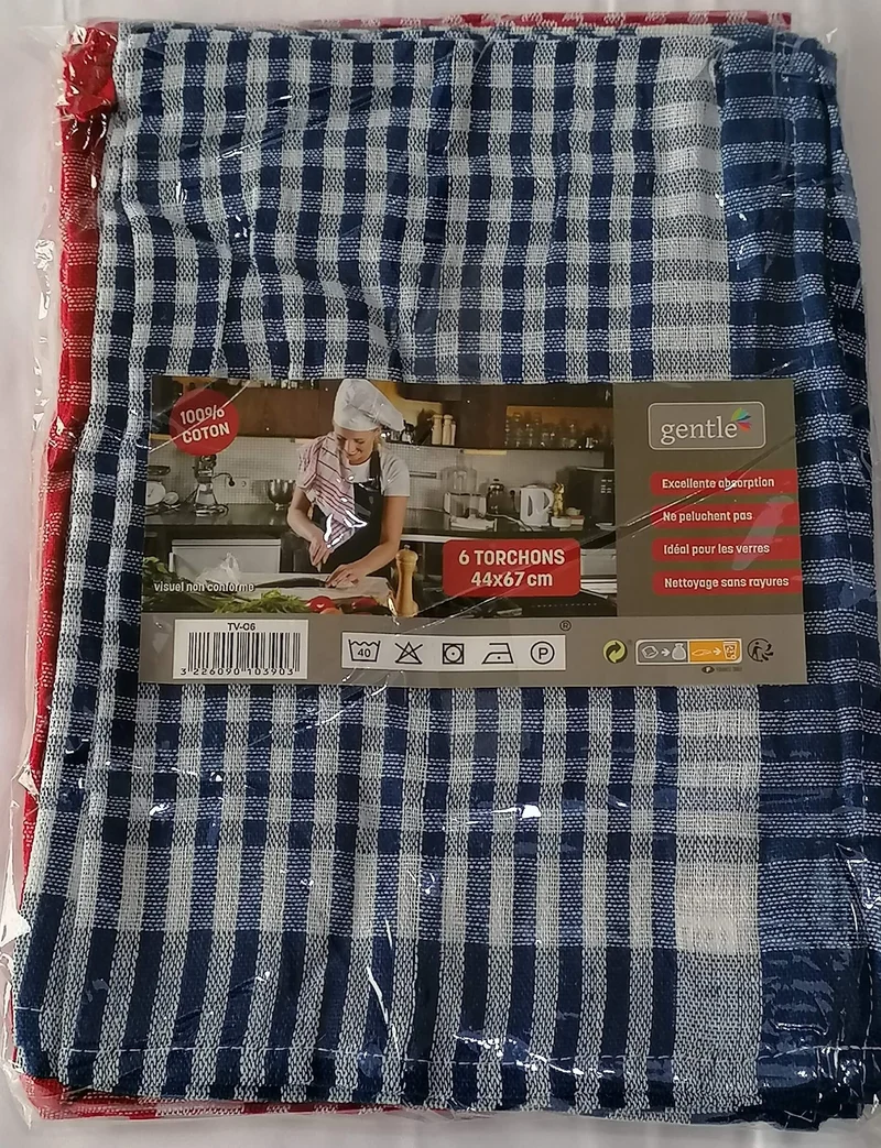 Lot de 6 / 12 / 24 torchons à carreaux - 44 x 67 cm - 100% coton - Bleu et Rouge -