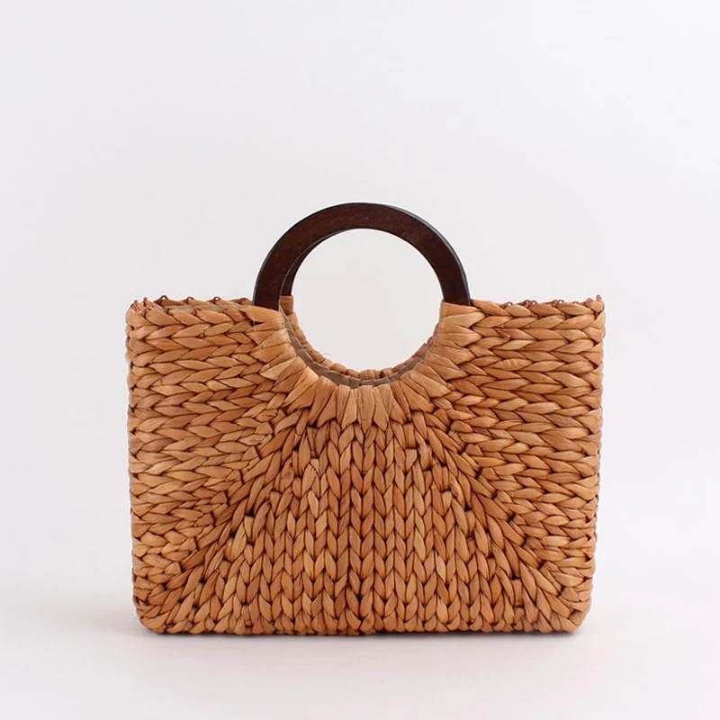 Sac à main vintage marron en rotin poignées en bois