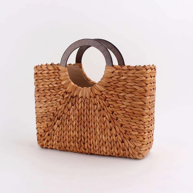 Sac à main vintage marron en rotin poignées en bois