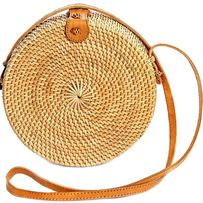 Sac rond en rotin à bandoulière marron