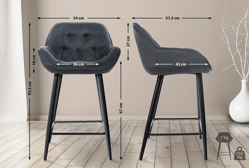 Tabouret de bar chaise haute x1 assise effet capitonnée en tissu gris foncé et métal noir 10_0004900