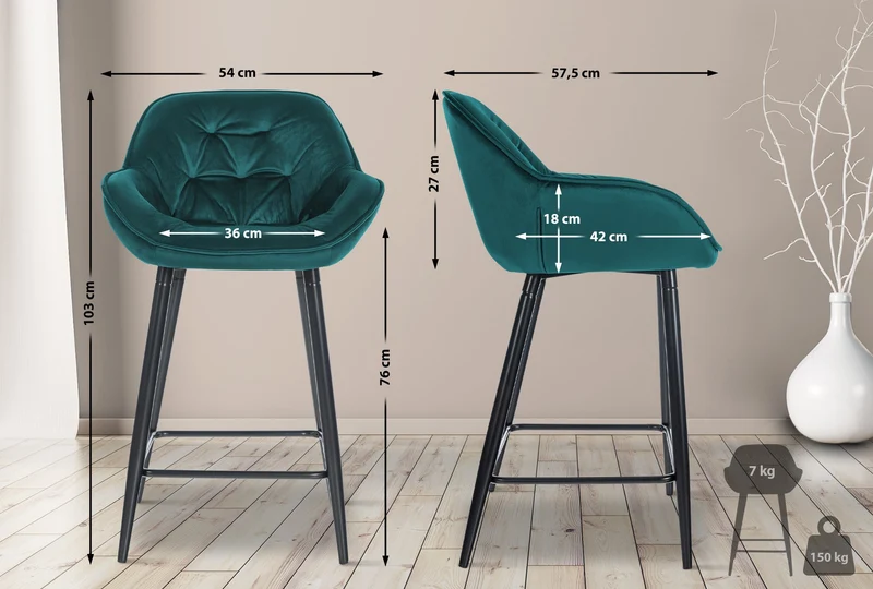 Tabouret de bar chaise haute x1 assise effet capitonnée en velours vert foncé et métal noir 10_0004886