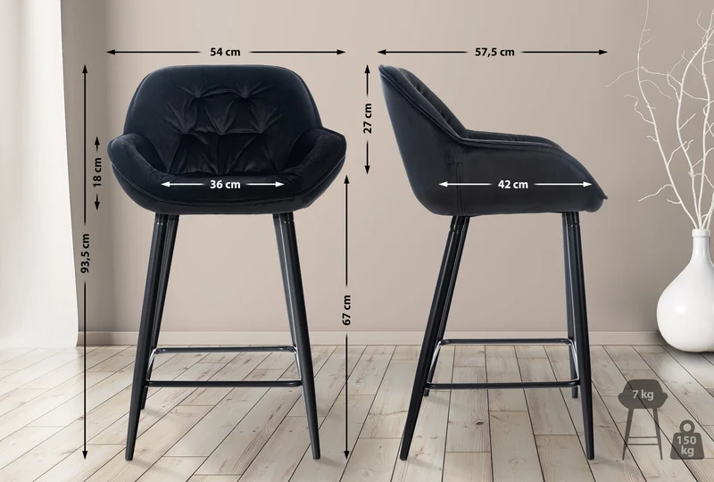 Tabouret de bar x1 moderne en velours noir assise enveloppante capitonnée pieds métal noir 10_0005623