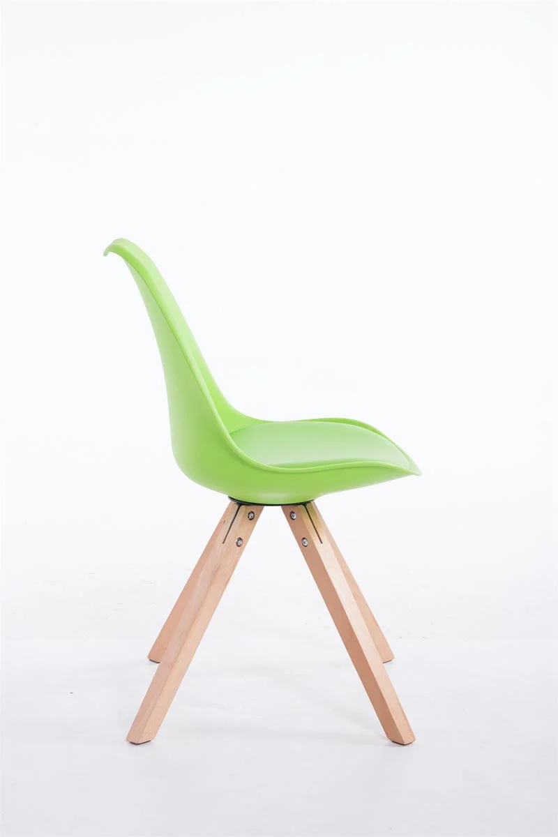 Chaise de salle à manger design scandinave en plastique et PVC vert et pieds en bois clair forme rond 10_0008732