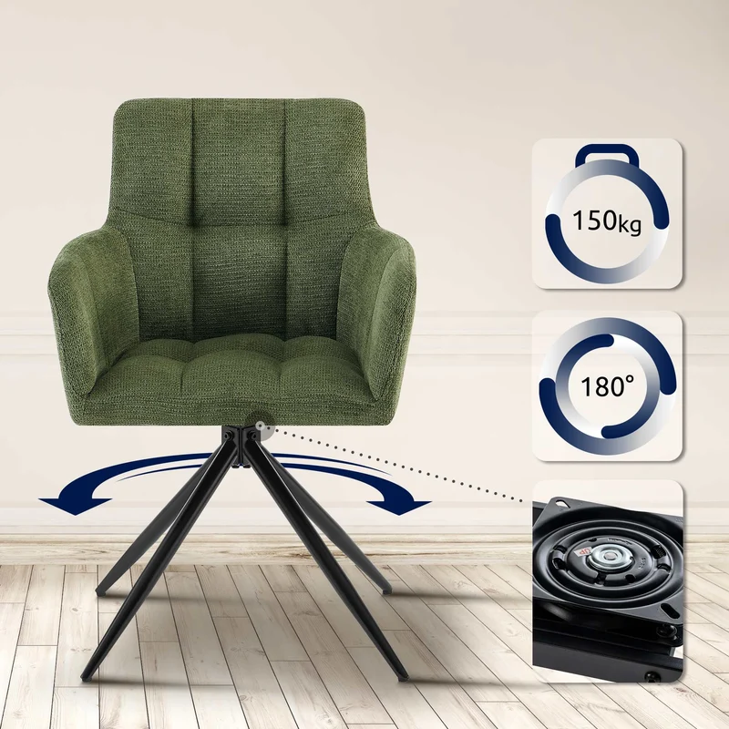 Lot de 2 chaises de salle à manger moderne et confort mécanisme de rotation à 180° en tissu vert et métal 10_0007862