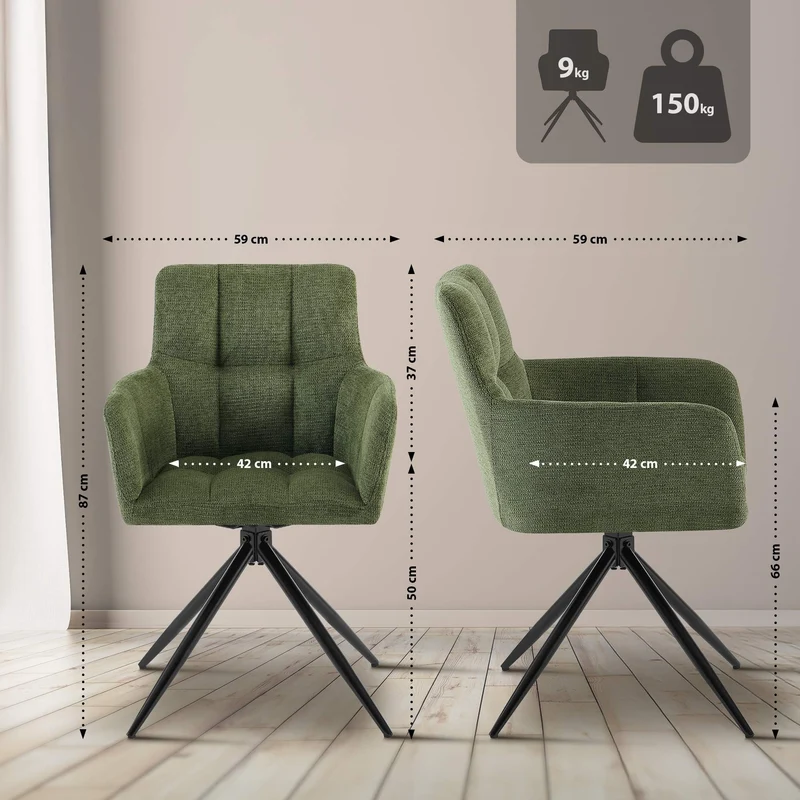 Lot de 2 chaises de salle à manger moderne et confort mécanisme de rotation à 180° en tissu vert et métal 10_0007862