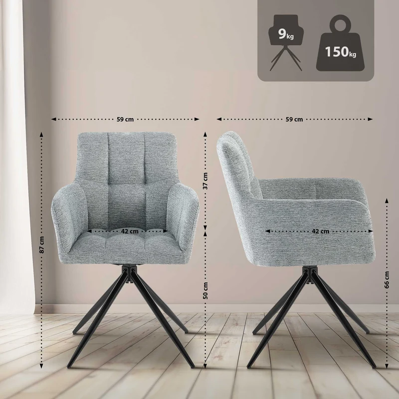 Lot de 2 chaises de salle à manger moderne et confort mécanisme de rotation à 180° en tissu gris clair et métal 10_0007536
