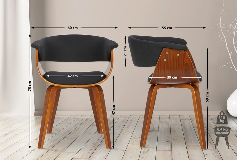 Lot de 2 chaises de la salle à manger design retro en structure en bois et assise en tissu noir 10_0001690