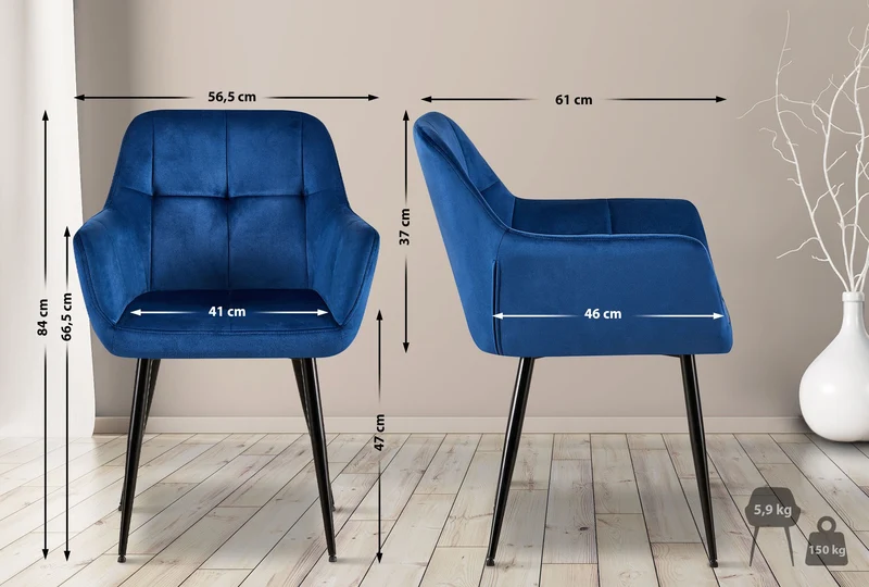 Chaise de salle à manger bureau coutures décoratives carrées en velours bleu pieds en métal noir 10_0001897