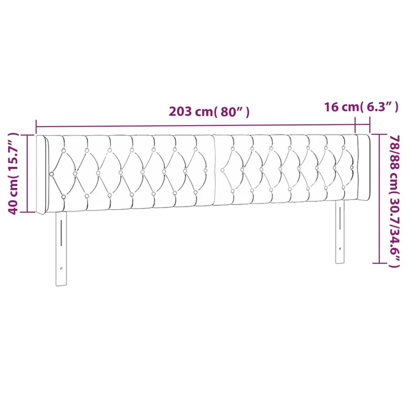 Tête de lit accessoire couchage chambre à coucher meuble capitonné avec rebord latéral 203 x 16 x 78/88 cm tissu gris clair TDL0205182