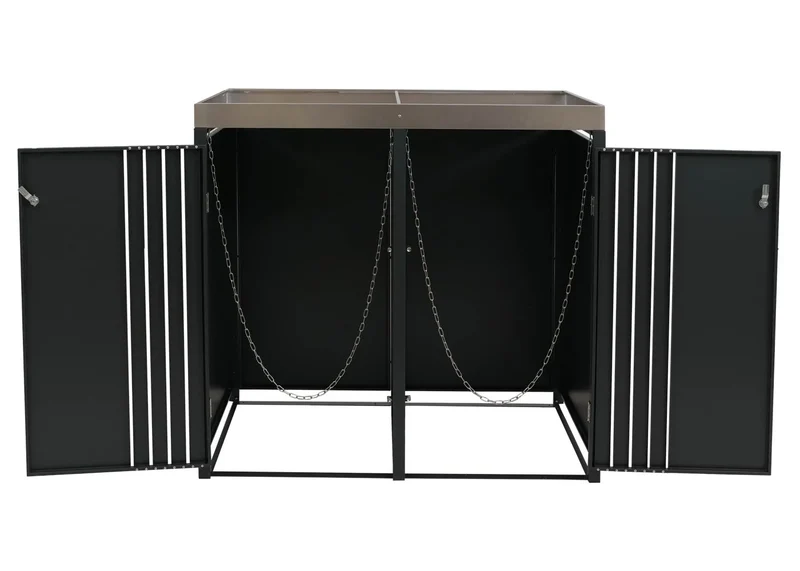 Cache-poubelles extérieur double avec bac à plantes abri pour 2 poubelles 80 à 240 L métal anthracite effet bois clair 04_0009323