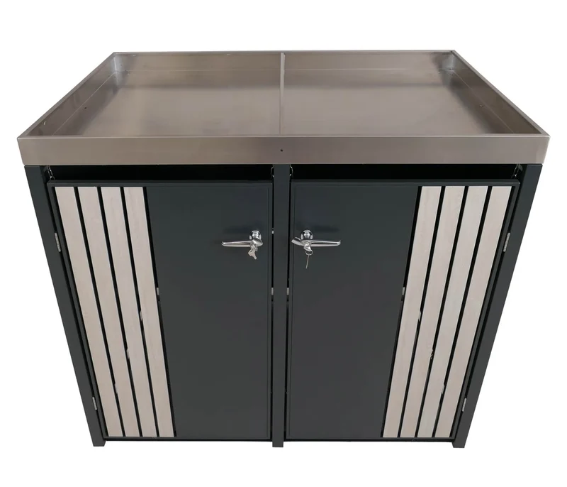 Cache-poubelles extérieur double avec bac à plantes abri pour 2 poubelles 80 à 240 L métal anthracite effet bois clair 04_0009323